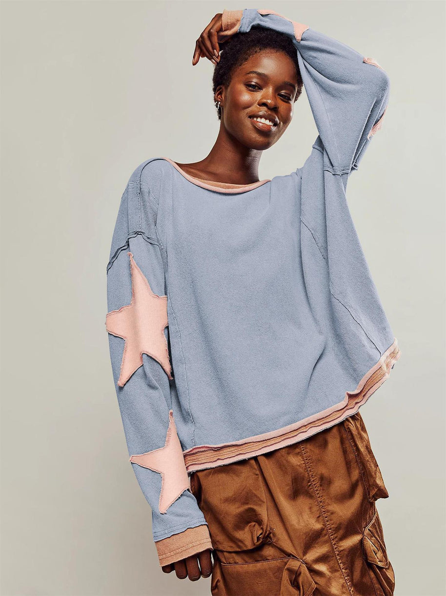 Damen Lässiger Sweatshirt mit gestreiftem Design und Sternenapplikationen WW