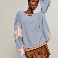 Damen Lässiger Sweatshirt mit gestreiftem Design und Sternenapplikationen WW