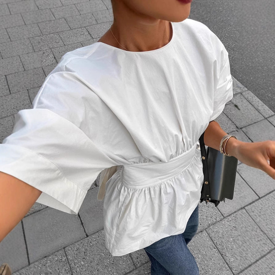 Damen geraffte Bluse mit Taillengürtel und voluminösen Ärmeln WW