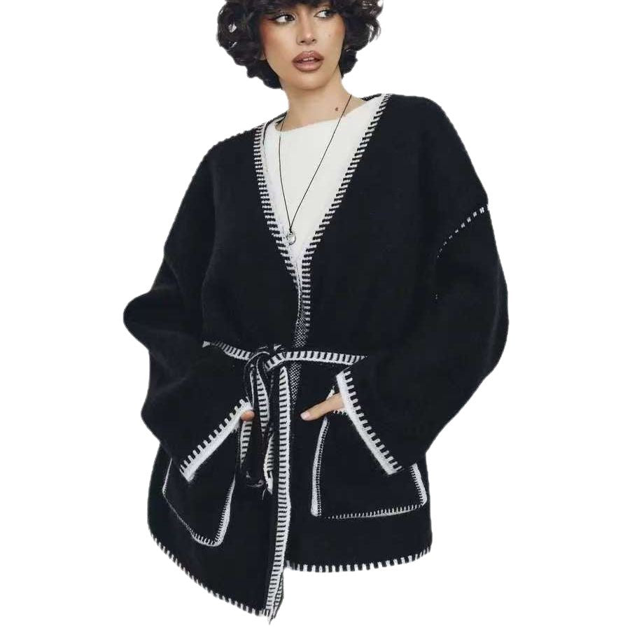 Damen Strickjacke mit Bund und großen Taschen WW