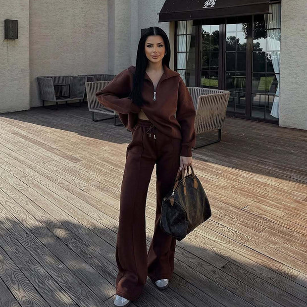 Damen Sportlicher Fleece-Trainingsanzug mit hohem Stehkragen und Reißverschluss WW