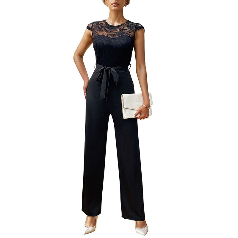 Damen Jumpsuit mit elegantem Spitzenoberteil und taillierbarem Gürtel WW