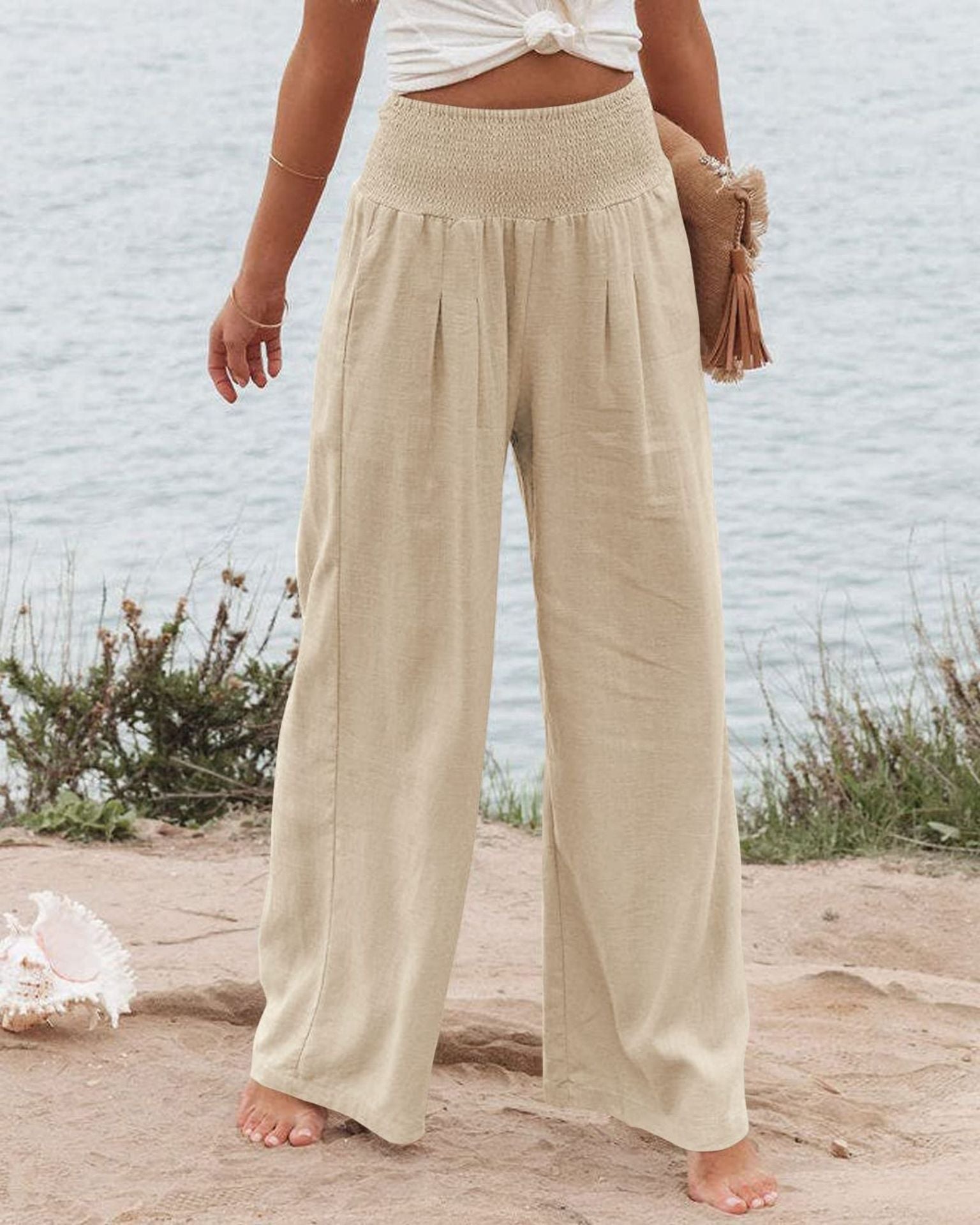 Damen Weite Leinenhose mit elastischem Bund und Falten WW