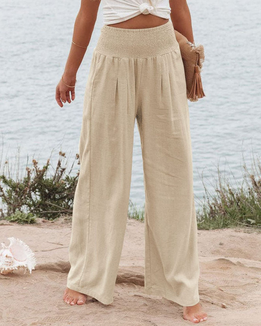 Damen Weite Leinenhose mit elastischem Bund und Falten WW