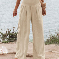 Damen Weite Leinenhose mit elastischem Bund und Falten WW
