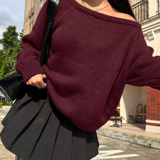 Damen Bequemer Oversized Pullover mit weitem Rundhalsausschnitt WW