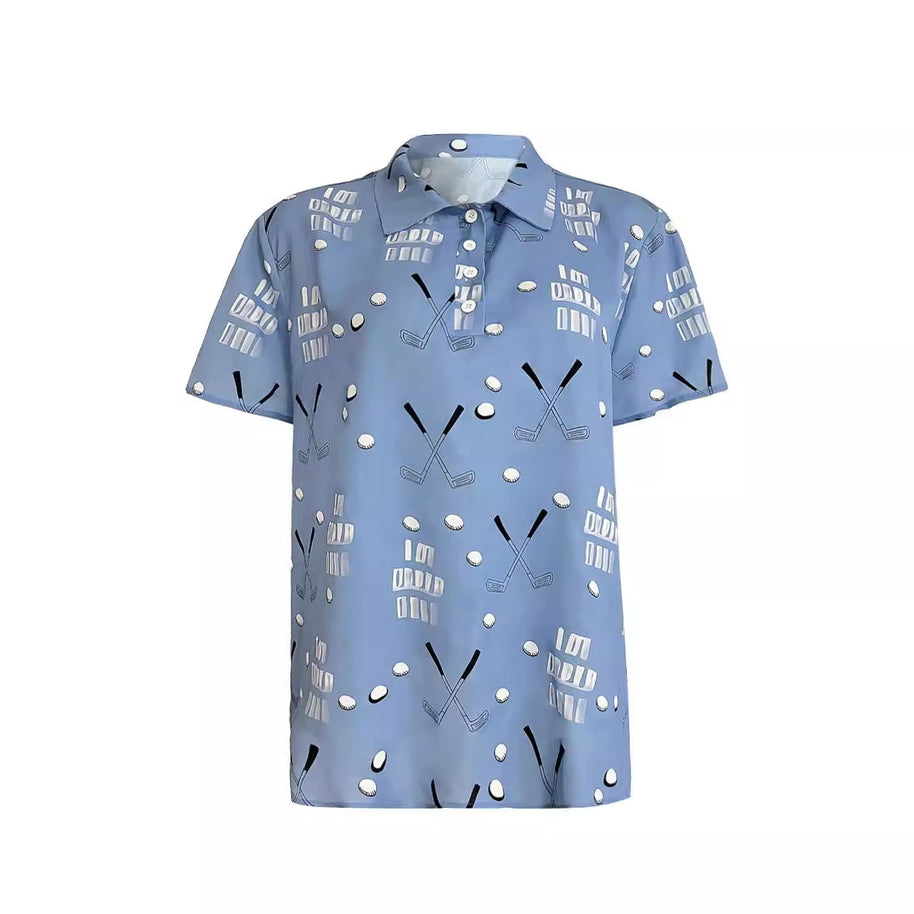 Damen Kurzarm-Hemd mit modischem Golf-Print und komfortablem Schnitt WW