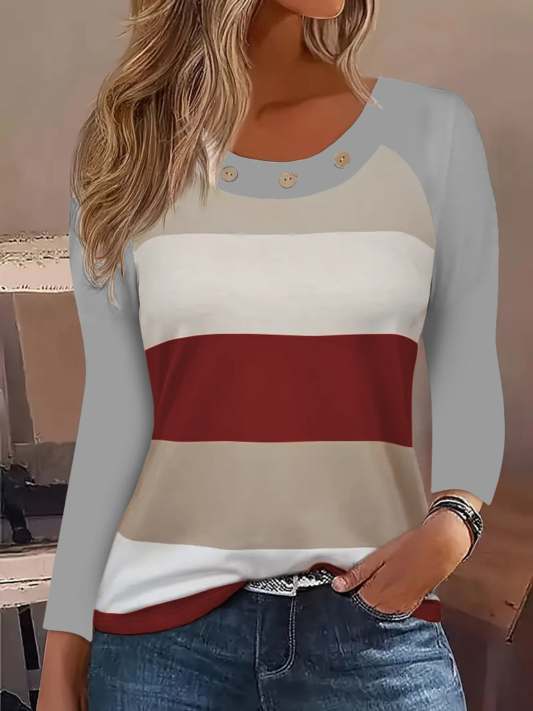 Damen Langarm T-Shirt mit modischem Streifenmuster und dekorativen Knöpfen WW