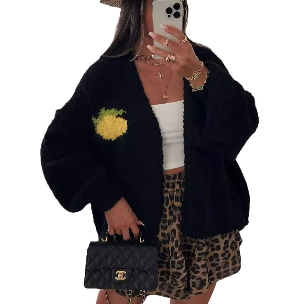 Damen Strickjacke mit fröhlichem Ananas-Motiv und oversized Schnitt WW