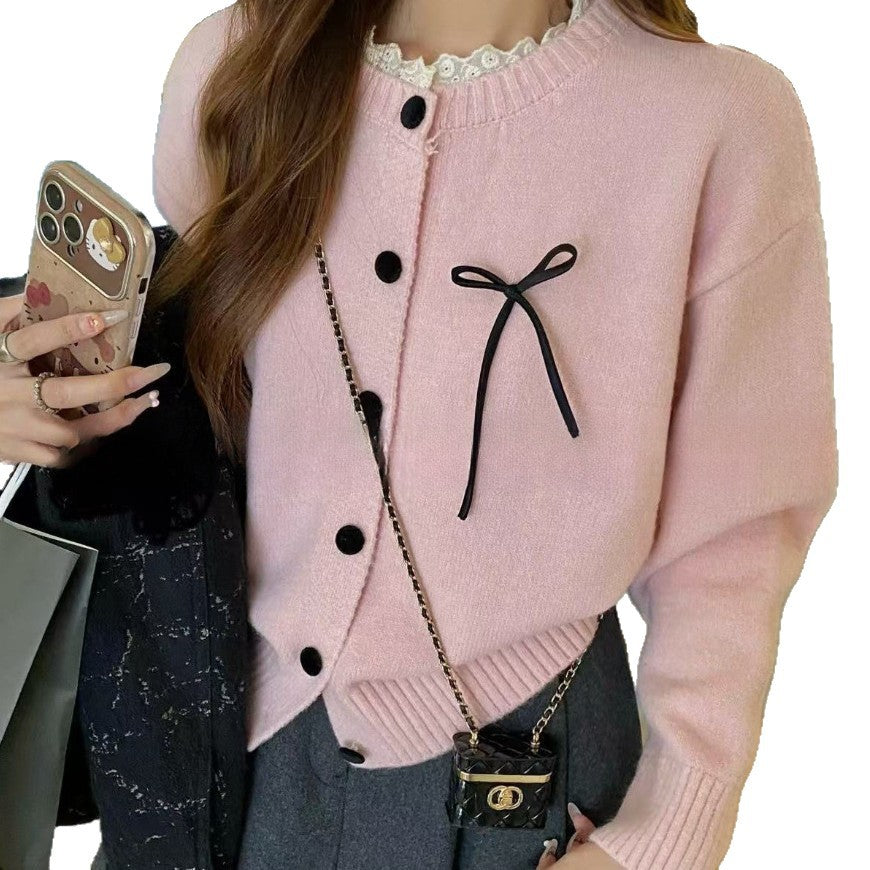 Damen bequeme Strickjacke mit dekorativen Knöpfen und Schleifenakzenten WW
