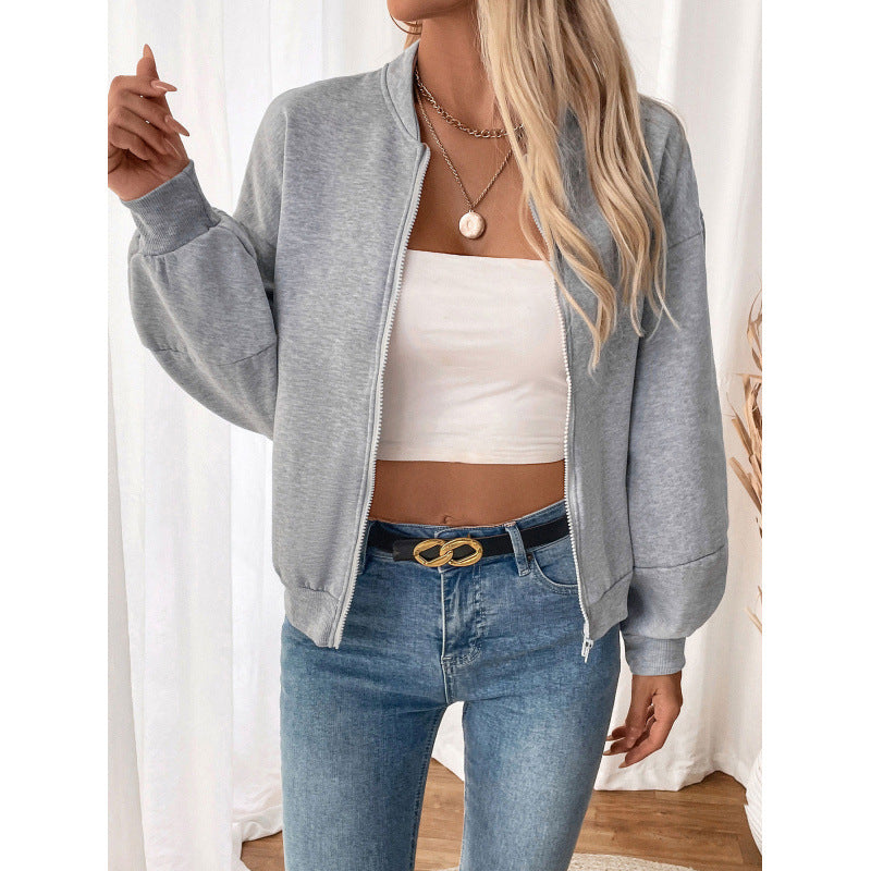 Damen sportliche Sweatjacke mit voluminösen Ärmeln und hohem Kragen WW