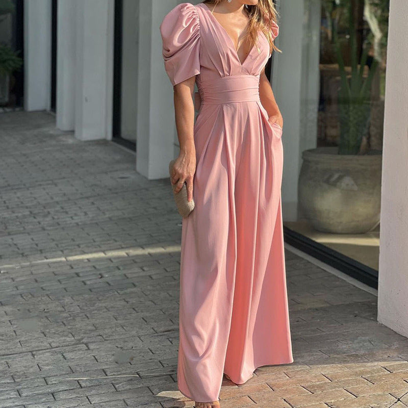 Damen Puffärmel Jumpsuit mit tiefem V-Ausschnitt und weiten Beinen W&W Mode
