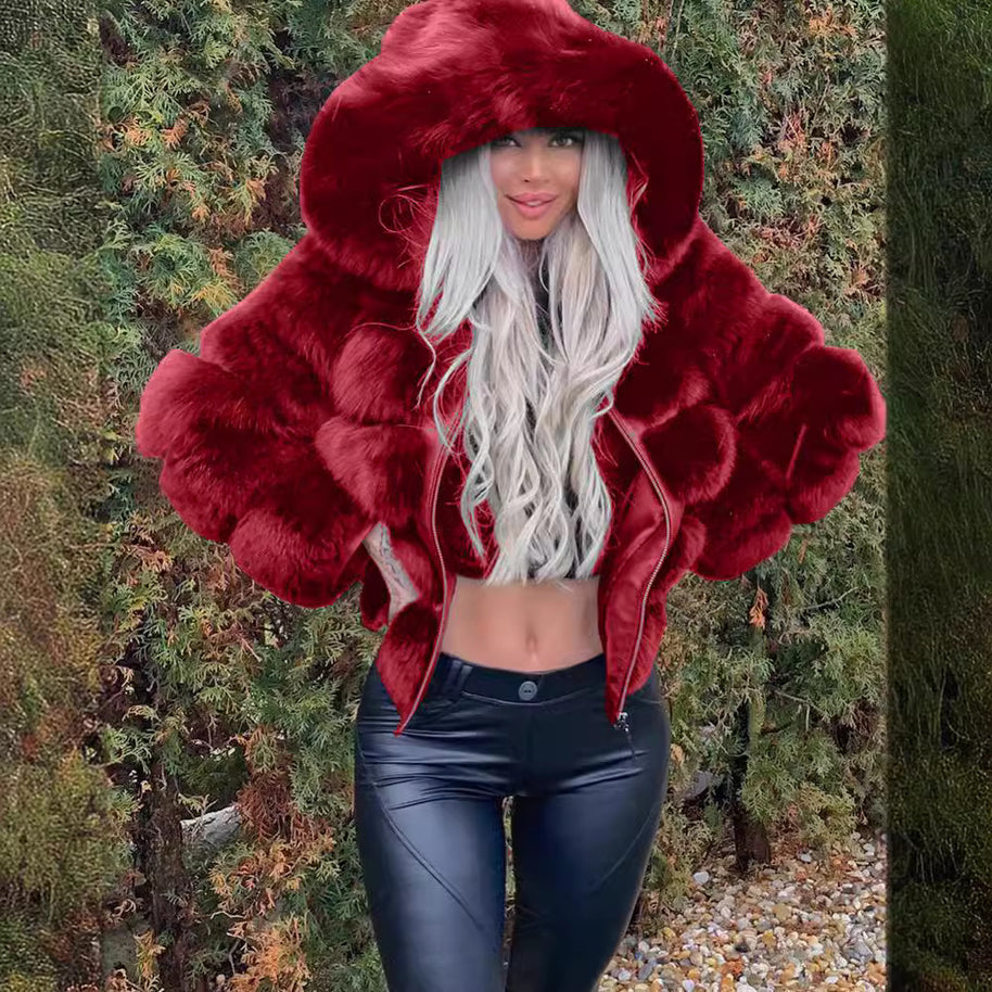 Damen Sportliche Kunstpelzjacke mit Kapuze WW