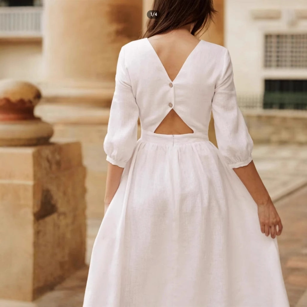 Damen Leinenkleid mit elegantem V-Ausschnitt und lockerem Schnitt WW