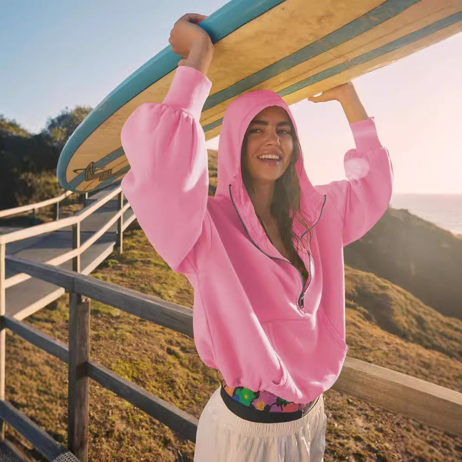 Damen sportlicher Kapuzenpullover mit halbem Reißverschluss und funktionalen Taschen WW