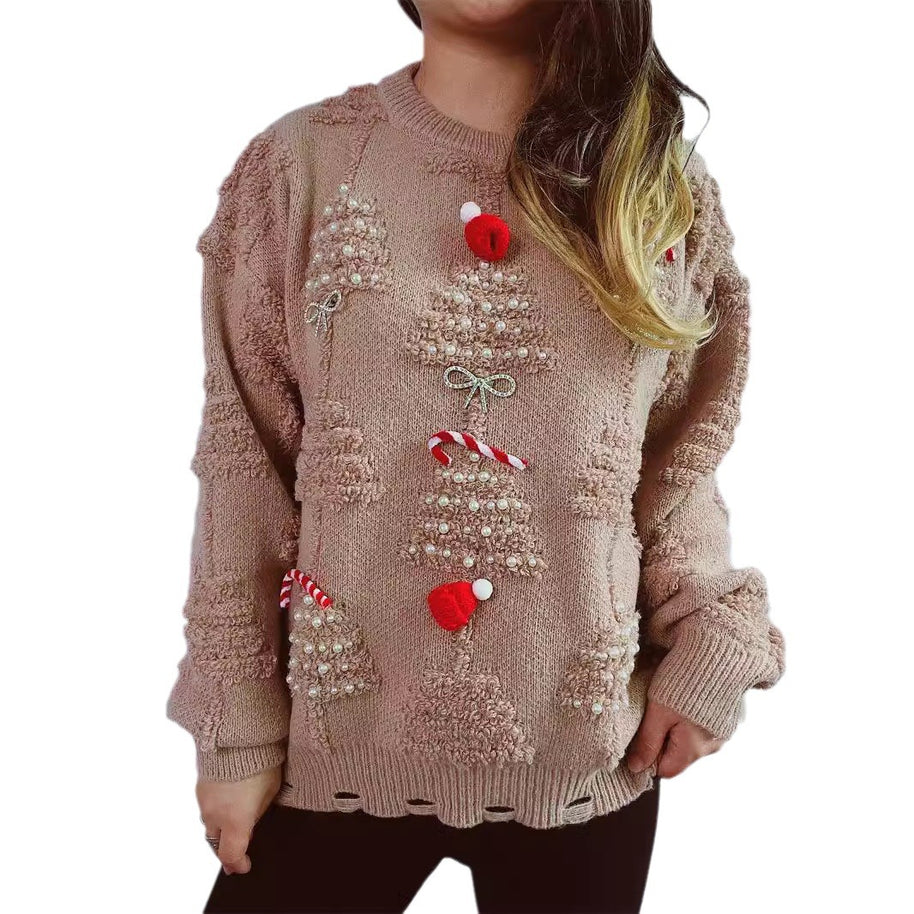 Damen festlicher Pullover mit kreativen Weihnachtsmotiven und strukturiertem Design WW