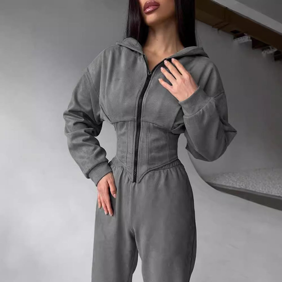 Damen sportlicher Jumpsuit mit Reißverschluss und Kapuze WW