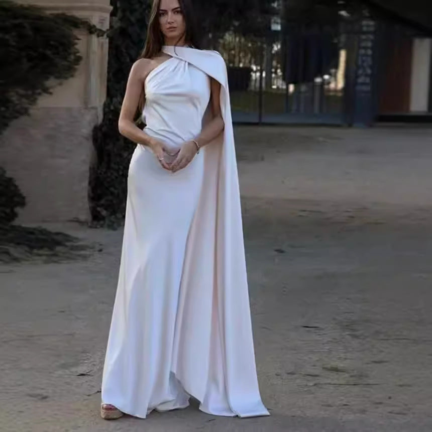 Damen elegantes Abendkleid mit einseitigem Cape und raffinierter Drapierung W&W Mode
