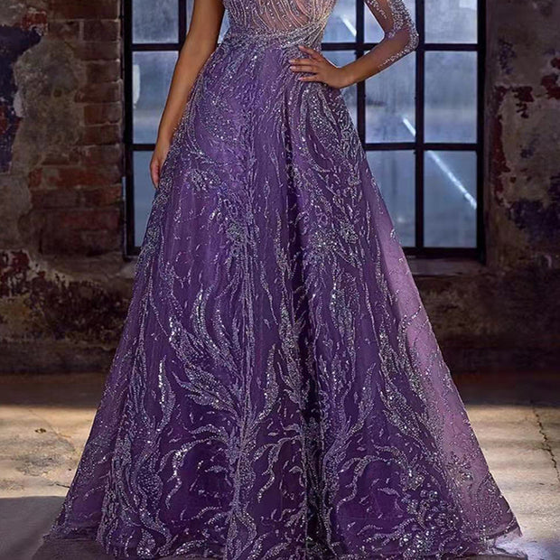Damen Abendkleid mit einseitigem Schulterdesign und funkelnden Pailletten WW