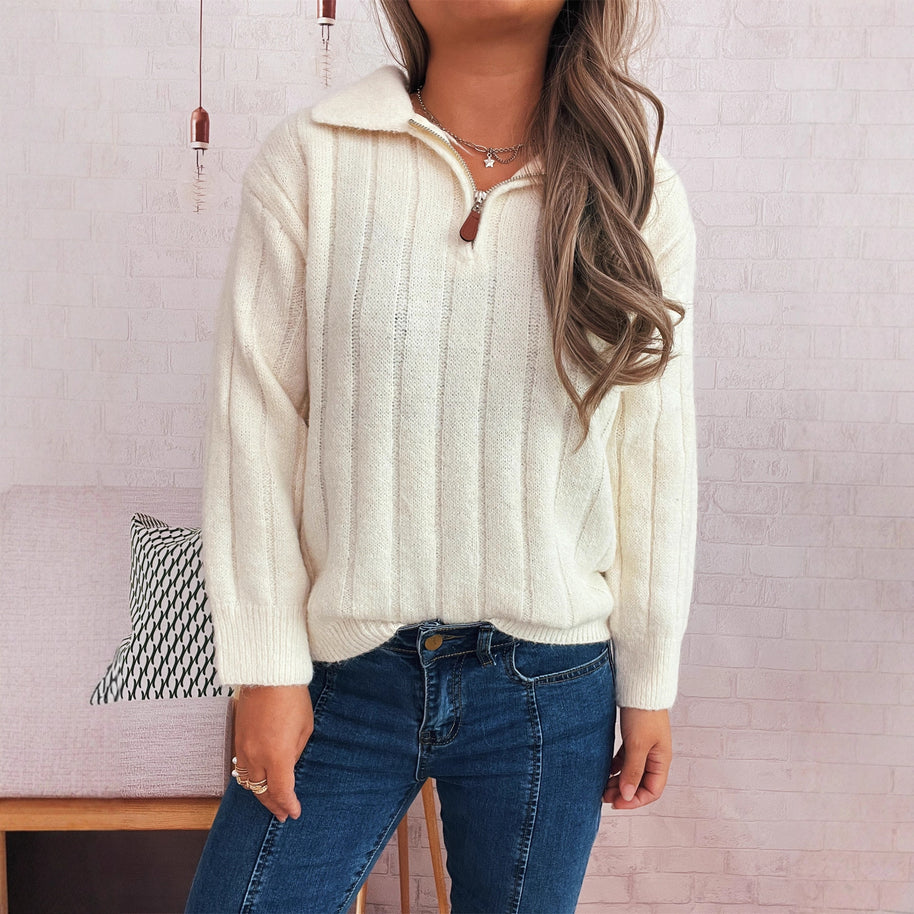 Damen Strickpullover mit kurzer Reißverschlussleiste und Wellenstruktur WW