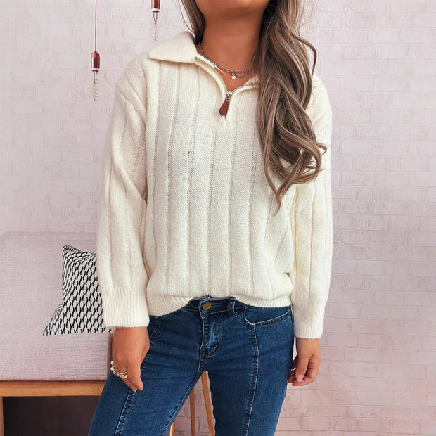 Damen Strickpullover mit kurzer Reißverschlussleiste und Wellenstruktur WW