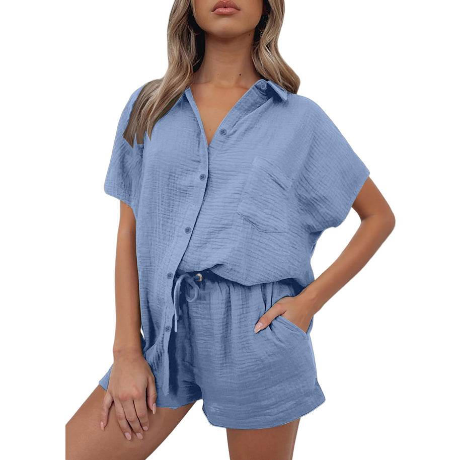 Damen lässiges Kurzarm-Hemd und Shorts Set aus strapazierfähigem Baumwollmaterial mit praktischen Taschen und elastischem Bund WW