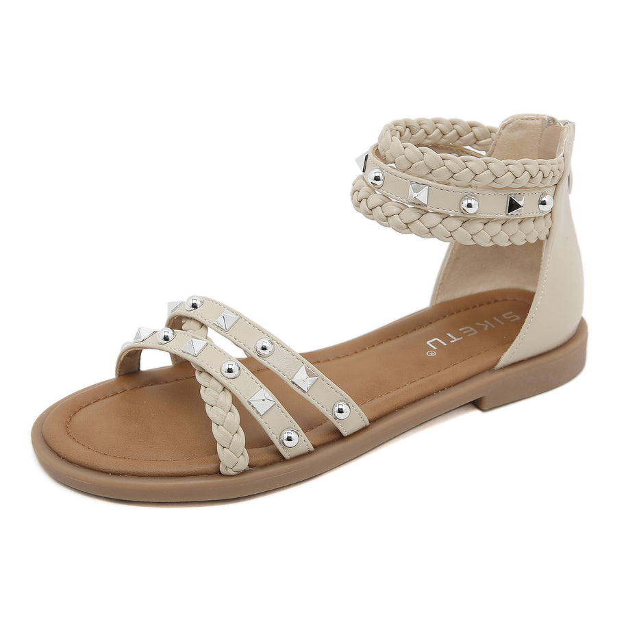 Damen Sandalen mit geflochtenen Riemen und modischen Nieten WW