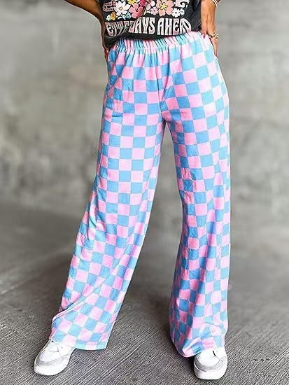 Damen Karierte Palazzo-Hose mit elastischem Bund und praktischen Seitentaschen WW