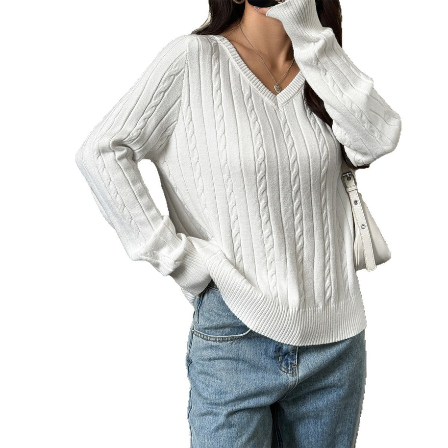 Damen Strickpullover mit V-Ausschnitt und feinem Zopfmuster WW