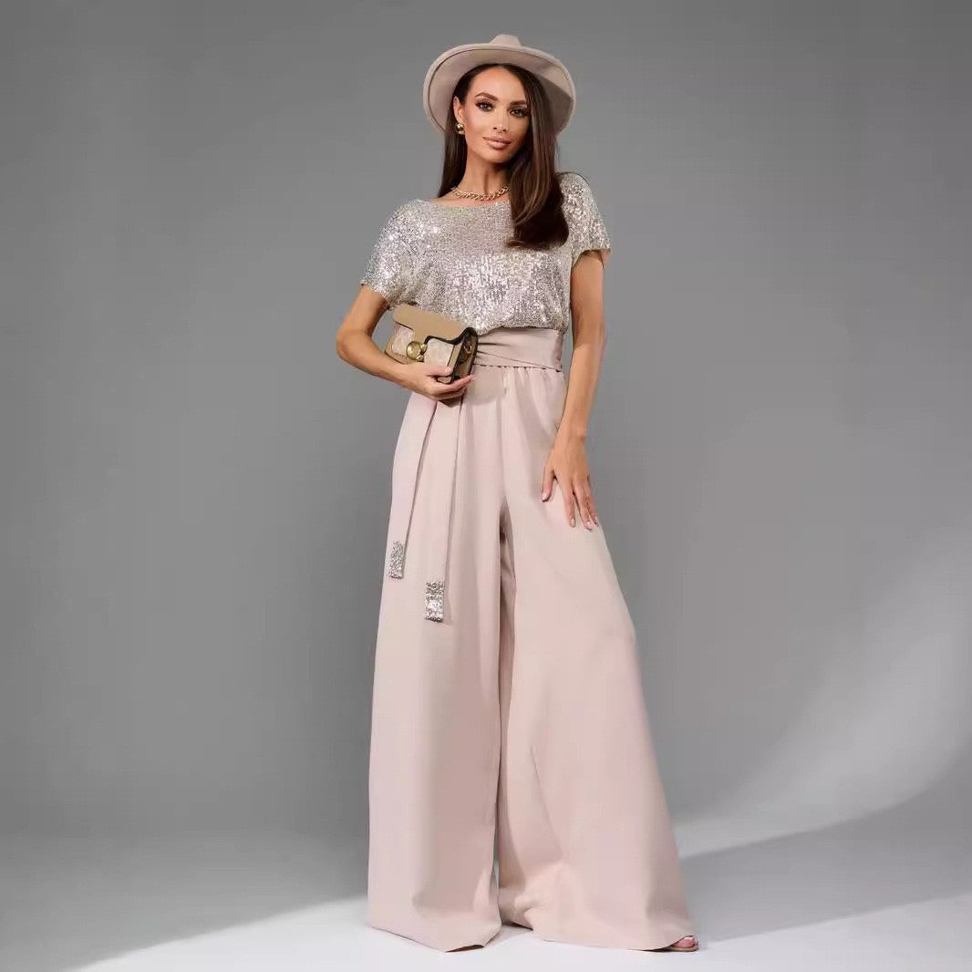 Damen Glamouröses Overalls mit glitzerndem Oberteil und weit geschnittenen Hosen W&W Mode