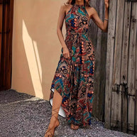 Damen Maxikleid im Boho-Stil mit hohem Kragen und Bindegürtel WW