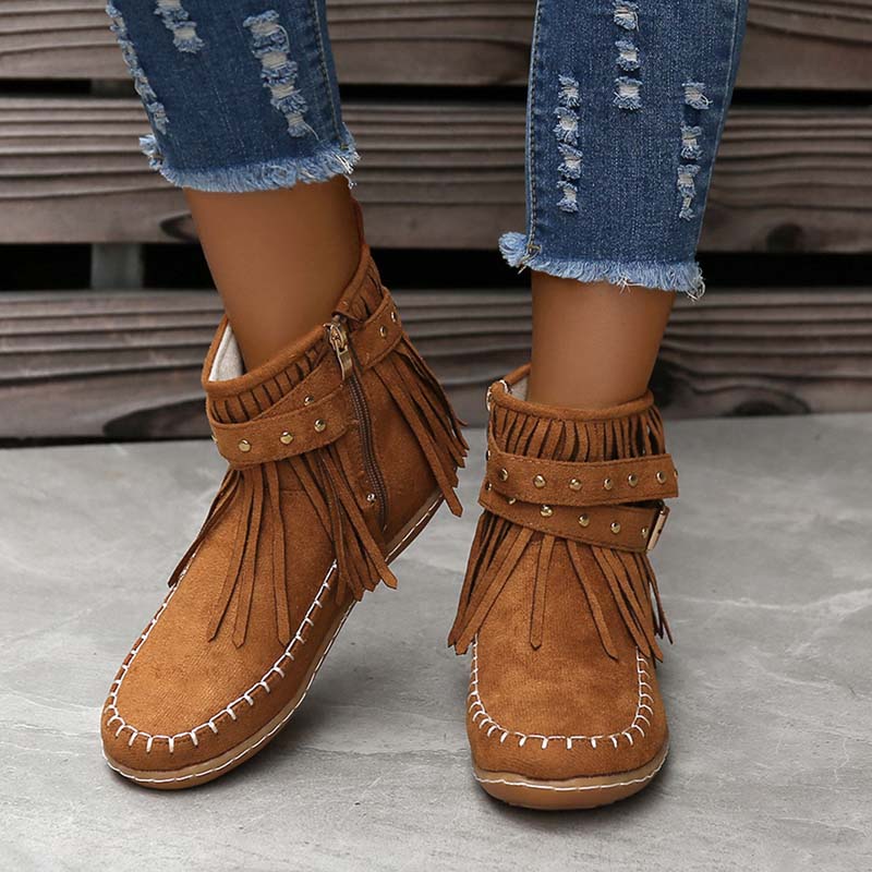 WW | Boho Stiefelette Mit Fransen Und Schnallen Für Damen