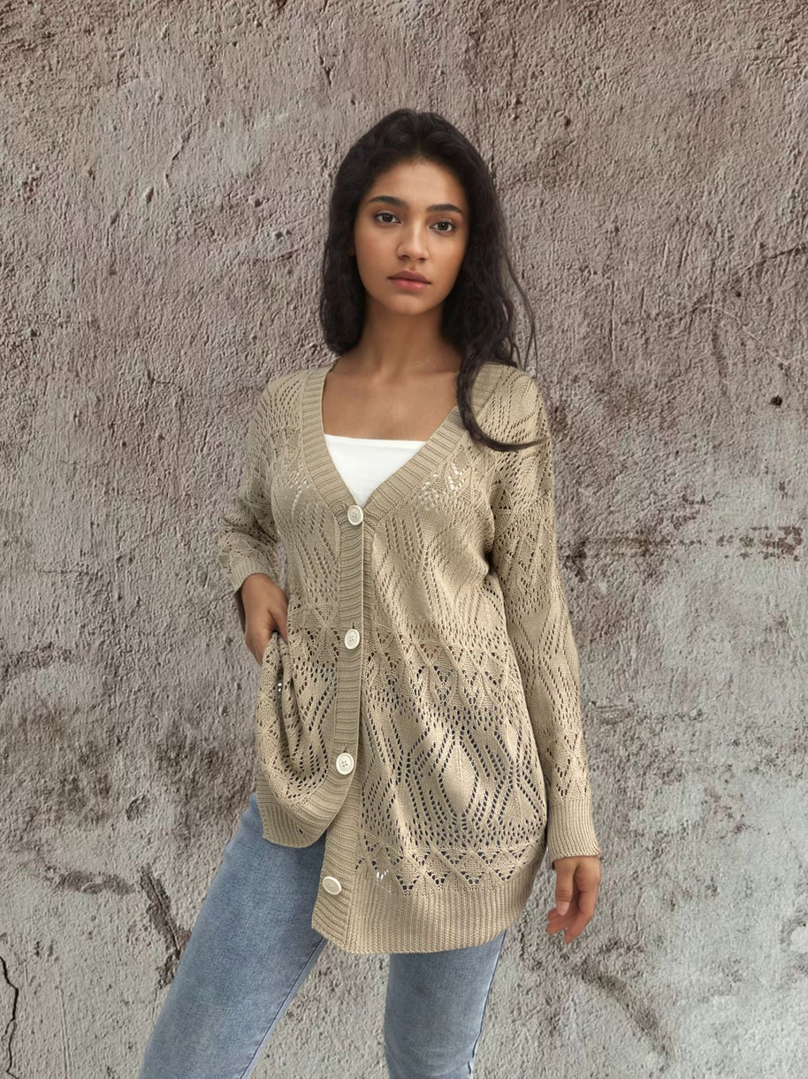 Damen Strickcardigan mit luftigen Mustern und Knopfdetails WW