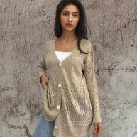 Damen Strickcardigan mit luftigen Mustern und Knopfdetails WW