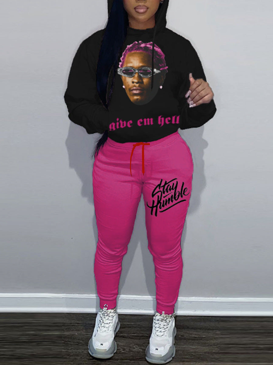 Damen Sportliches Hoodie- und Jogginghose-Set mit kreativem Grafikdruck und auffälligem Design WW