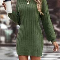 Damen Strickkleid mit hohem Kragen und feinem Rippenmuster WW