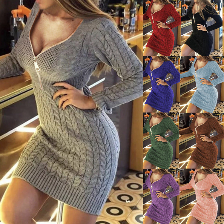 Damen Strickkleid mit engem Schnitt und dekorativer Reißverschlussdetails WW