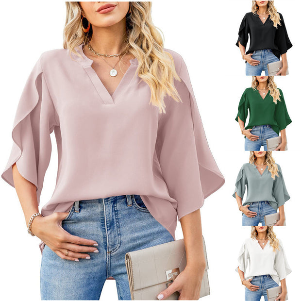 Damen Bequeme Bluse mit weiten Ärmeln und V-Ausschnitt WW
