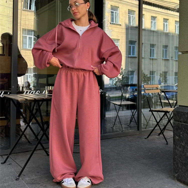 Damen bequemer Fleece-Trainingsanzug mit hohem Kragen und elastischen Bündchen WW