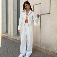 Damen Sportliches Freizeit-Set mit modischem Cropped Hoodie und weiter Hose WW