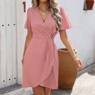 WW | Taillienverstellbares Ein-Schritt Rock Kurzarm Polyester Kleid
