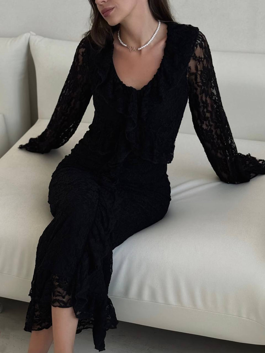 Damen Spitzen-Maxikleid mit Rüschendetails WW