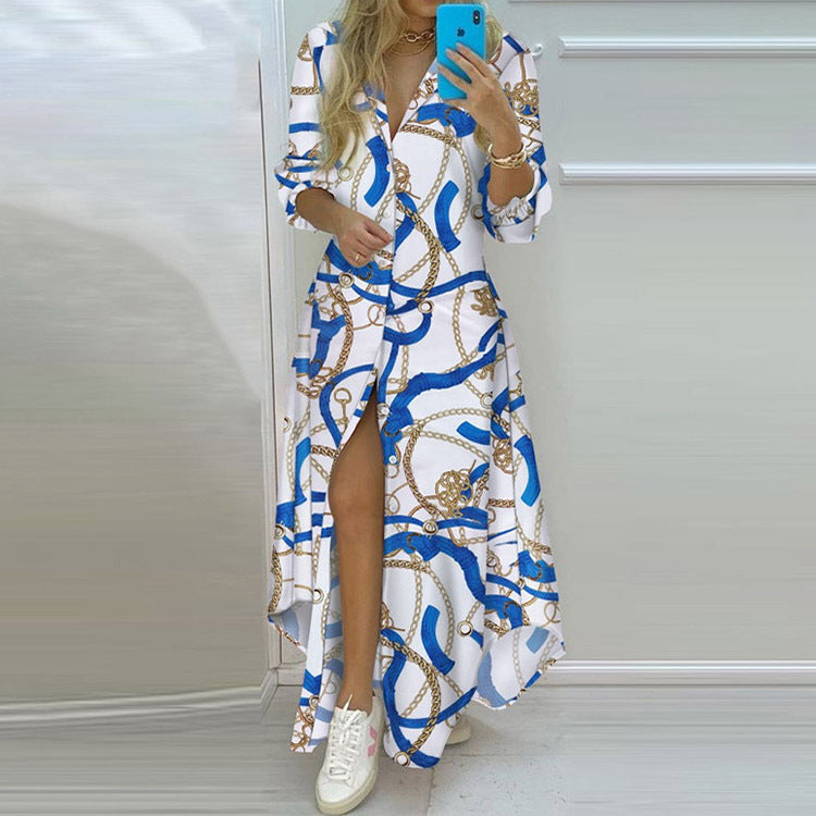 Damen Langarmhemdmaxikleid mit grafischem Muster und seitlichem Schlitz WW