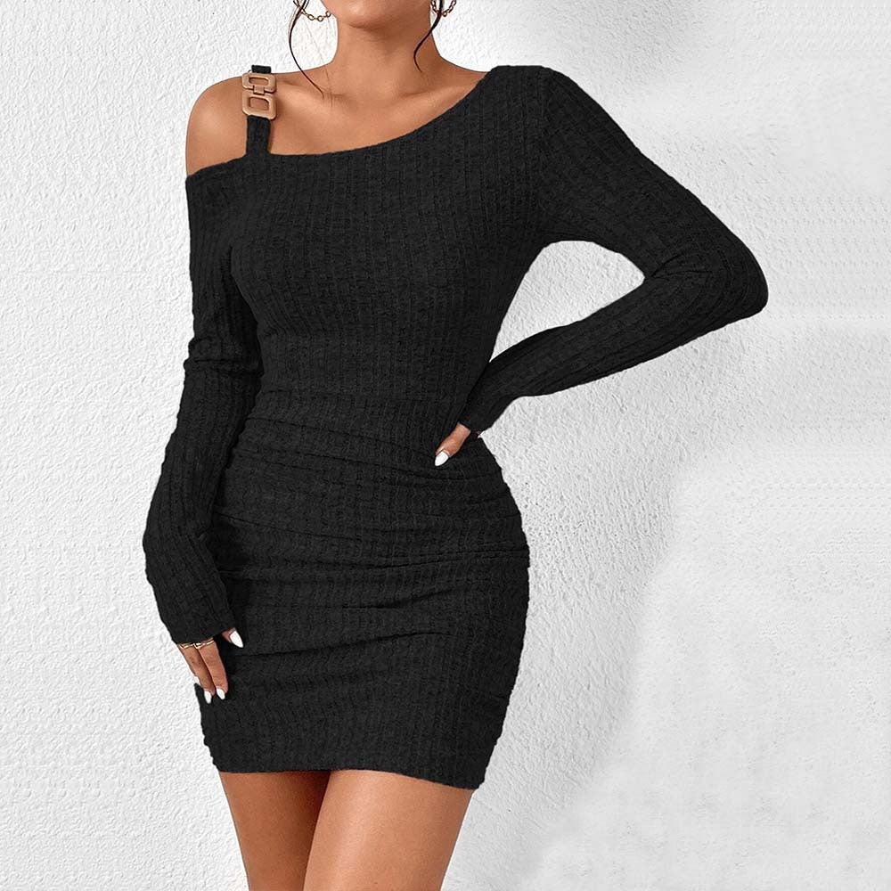 Damen asymmetrisches Strickkleid mit dekorativem Schulterband W&W Mode