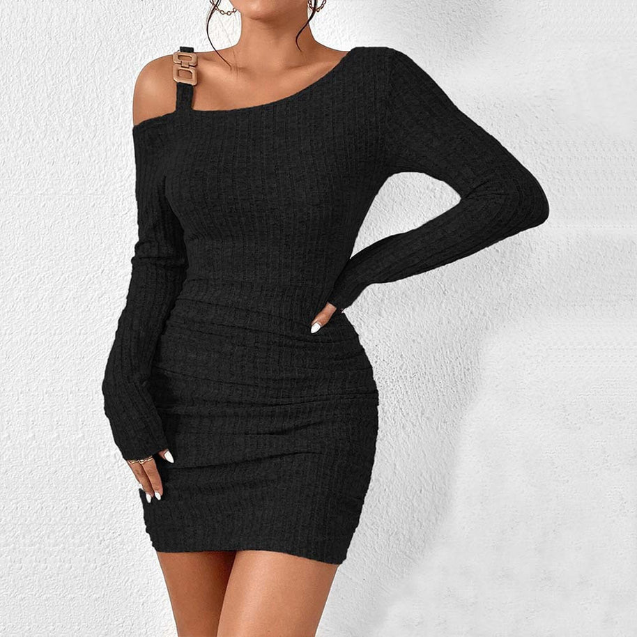 Damen asymmetrisches Strickkleid mit dekorativem Schulterband W&W