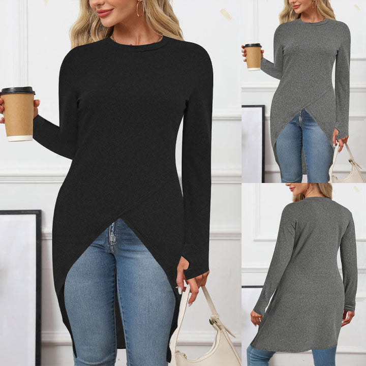 Damen asymmetrisches Long-Tunika Oberteil mit raffiniertem Wickeldesign W&W Mode