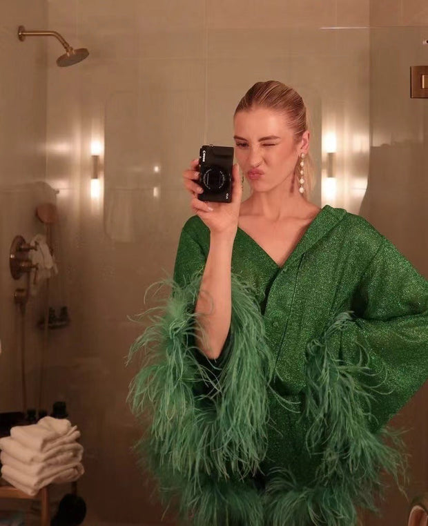 WW | Herbst Winter Feder Stehkragen Langarmoberteil und Hosen Set