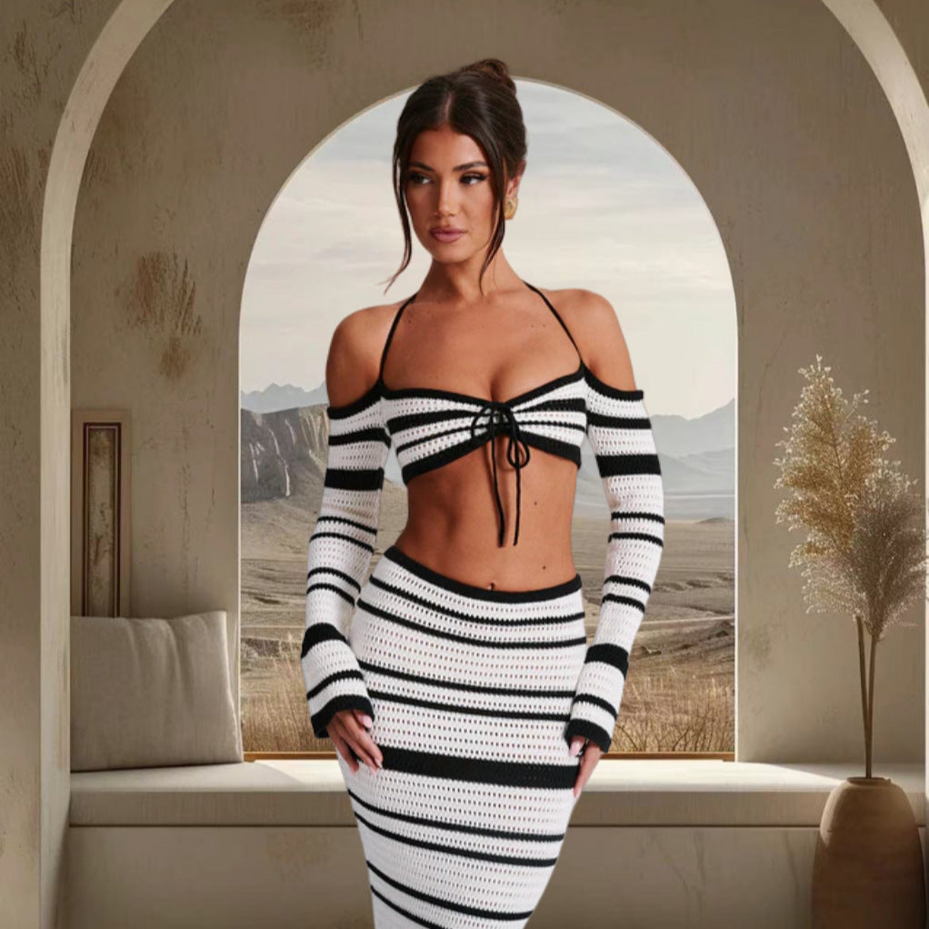 Damen Set aus gestreiftem Crop-Top und Maxi-Rock WW