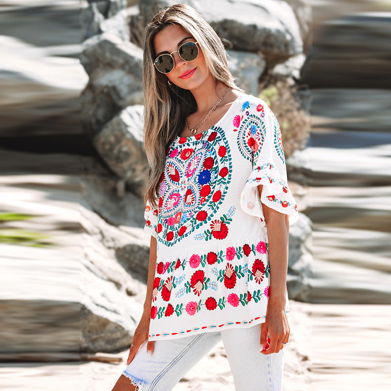Damen besticktes Blusentop mit voluminösen Ärmeln und floralen Motiven WW