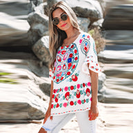 Damen besticktes Blusentop mit voluminösen Ärmeln und floralen Motiven WW
